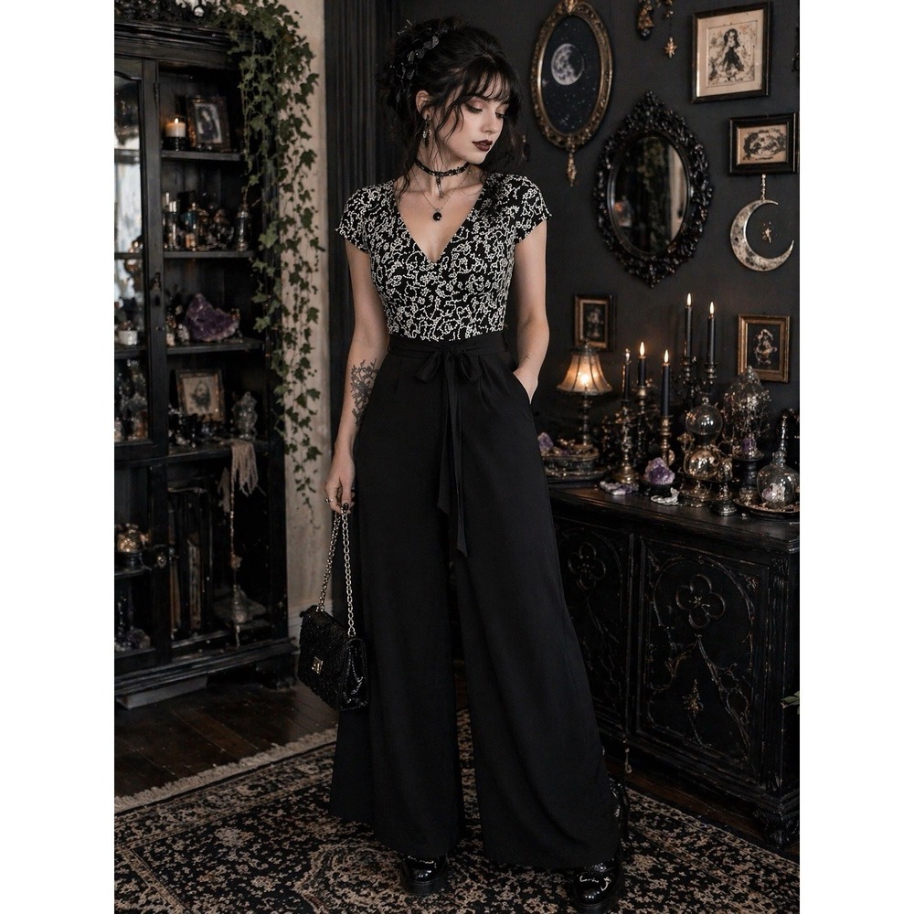 Connected‎ Apparel Jumpsuit  Women 14 Black Lace Sequin Formal Whimsigoth Witchy